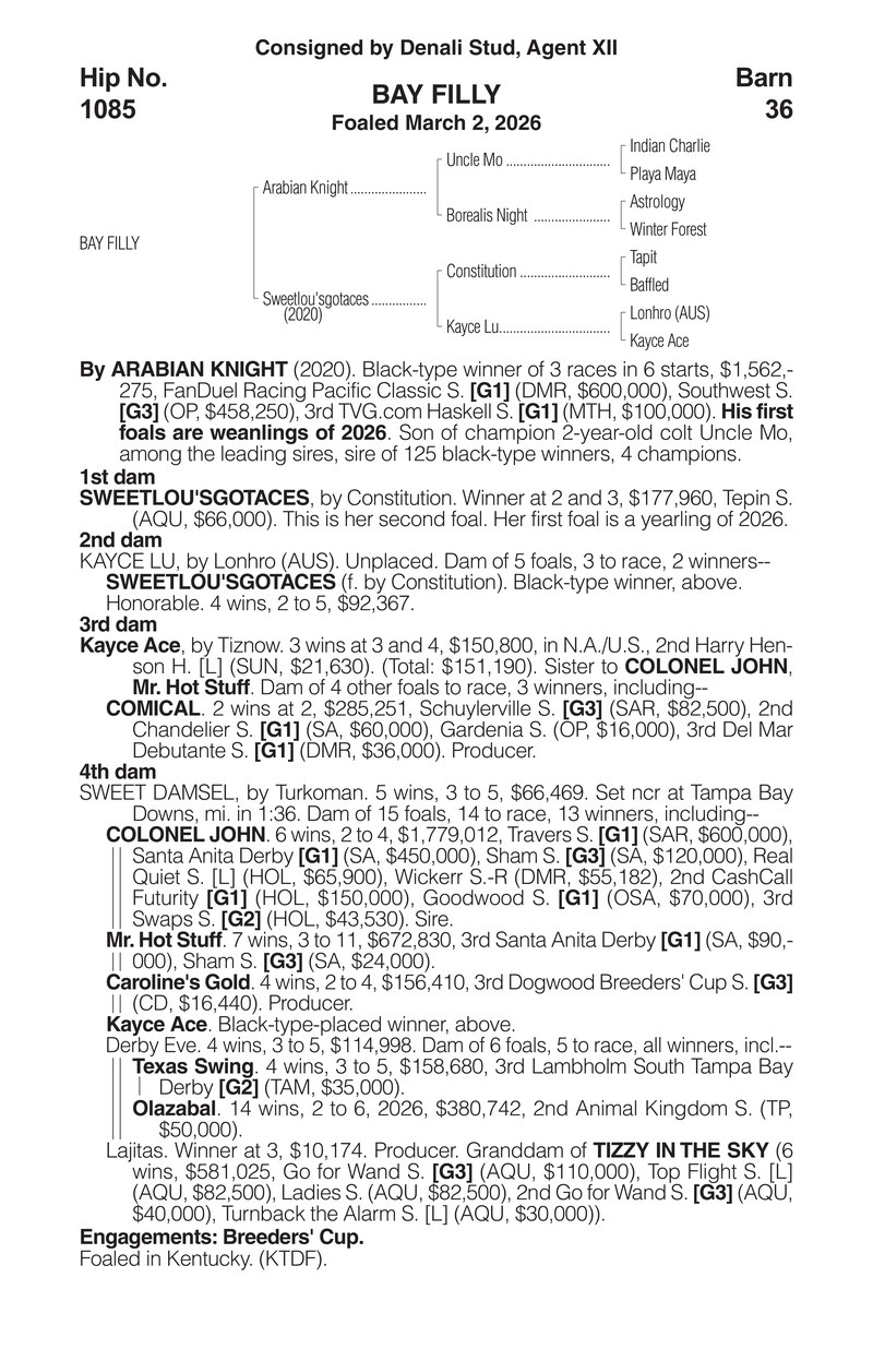 Keeneland November 2026 sale catalog page for Hip 1085, bay filly by Arabian Knight out of Sweetlou'sgotaces